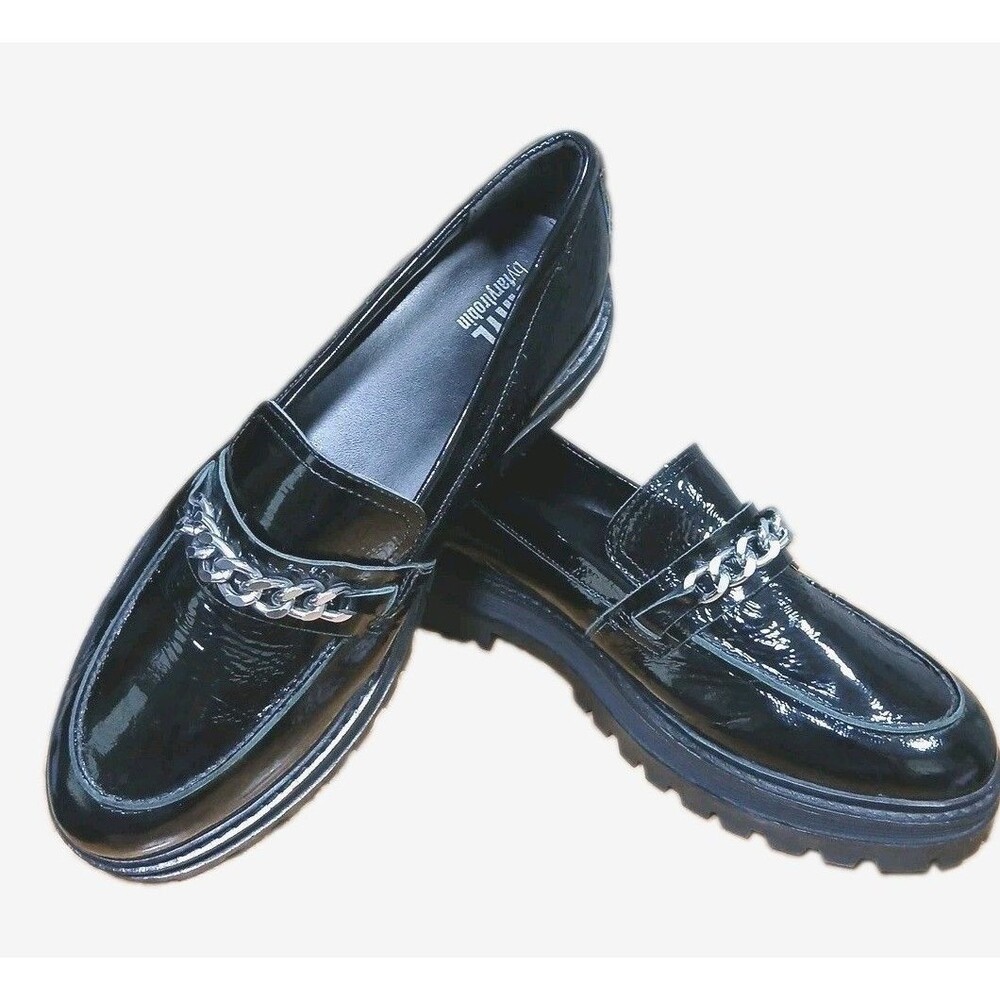 Faryl by Farylrobin Black Patent Leather Chain Lug Sole Loafers Women's Sz 14